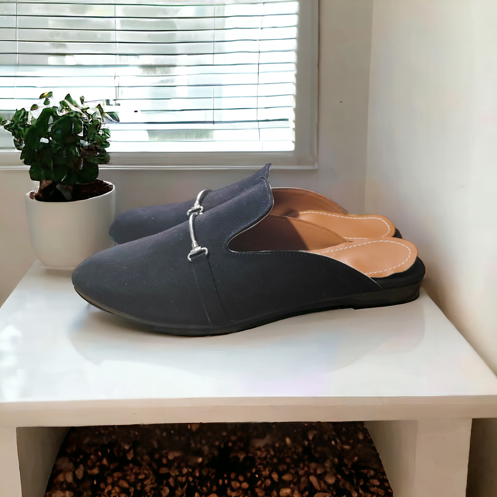 Flats Luxe gamuza negra adorno metal,  Valerina / LUXE-09