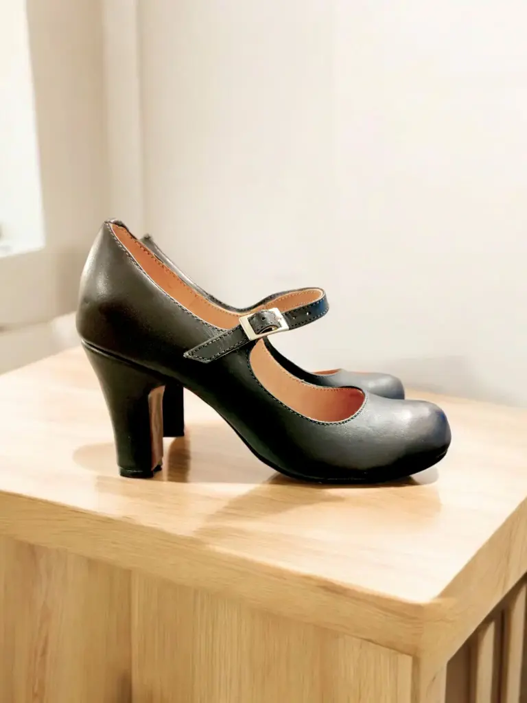 Zapatilla piel negra cincho al empeine tacón 6 cms (D)