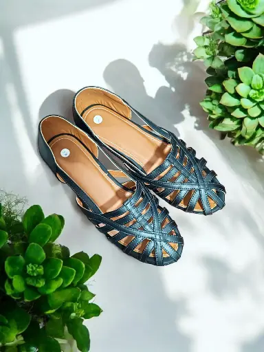 [HUARACHESC-01] Flats Huaraches sin cincho, semipiel negra (D)