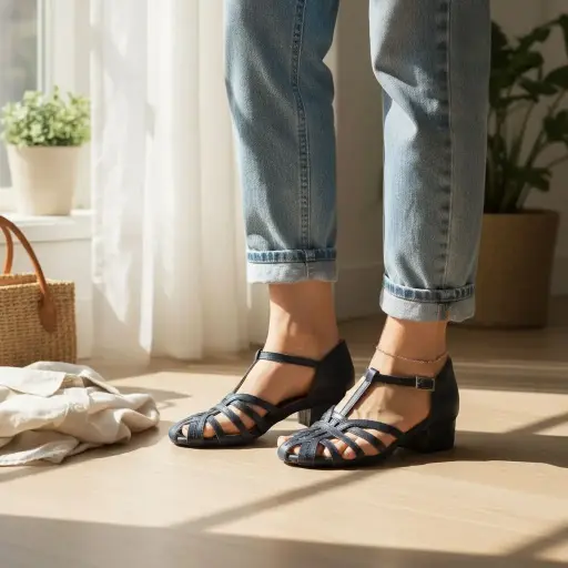 [CANGMORT-P-04] Tacones Cangrejera Mor 100% Piel Azul, tacón 3 cms Talla 37 (D)